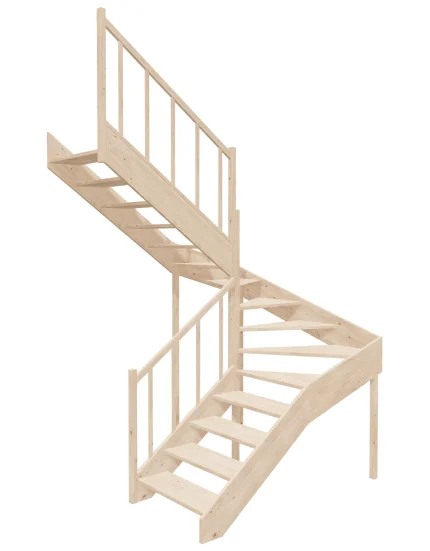 Left-turn wooden open-risers stairs U-shape EMQG 180R by Sowosz. For self-assembly. Includes balustrade.