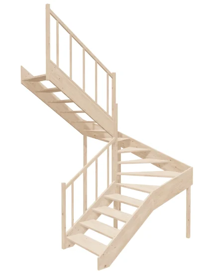 Left-turn wooden open-risers stairs U-shape EMQG 190R by Sowosz. For self-assembly. Includes balustrade.