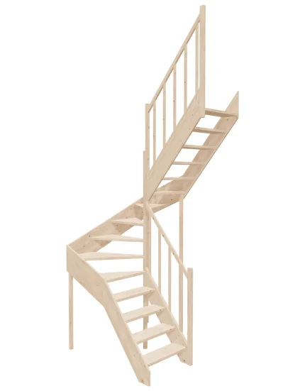 Right-turn wooden open-risers stairs U-shape EMQD 130R by Sowosz. For self-assembly. Includes balustrade.