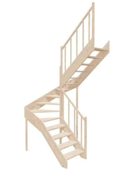Right-turn wooden open-risers stairs U-shape EMQD 140R by Sowosz. For self-assembly. Includes balustrade.