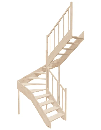 Right-turn wooden open-risers stairs U-shape EMQD 150R by Sowosz. For self-assembly. Includes balustrade.