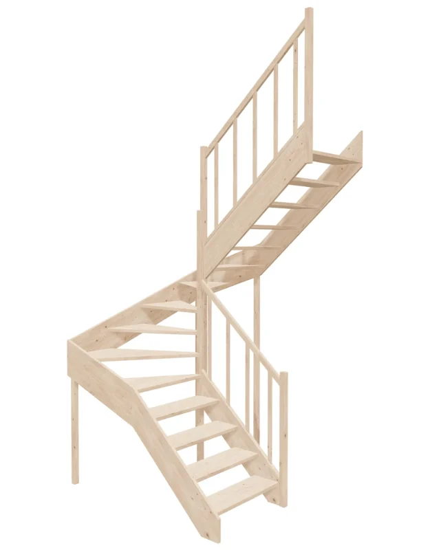 Right-turn wooden open-risers stairs U-shape EMQD 160R by Sowosz. For self-assembly. Includes balustrade.