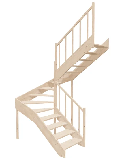 Right-turn wooden open-risers stairs U-shape EMQD 170R by Sowosz. For self-assembly. Includes balustrade.