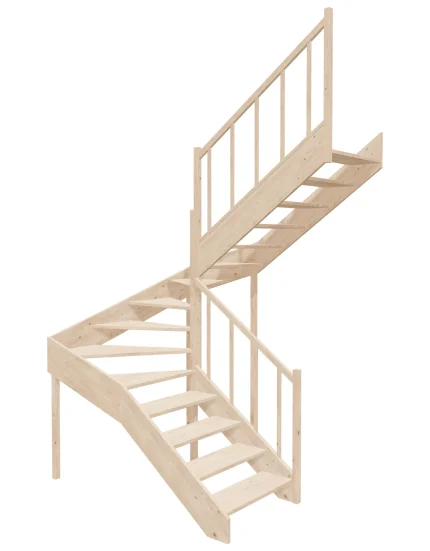 Right-turn wooden open-risers stairs U-shape EMQD 180R by Sowosz. For self-assembly. Includes balustrade.