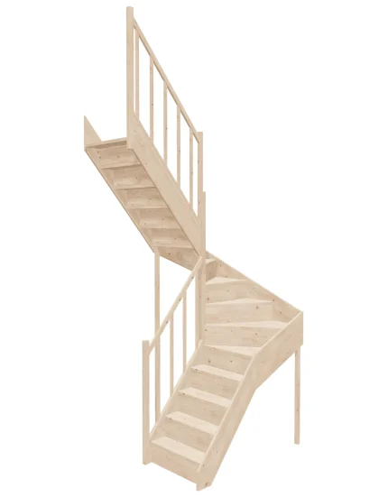 Left-turn wooden closed-risers stairs U-shape EQG 130R by Sowosz. For self-assembly. Includes balustrade.