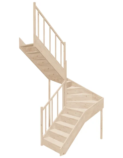 Left-turn wooden closed-risers stairs U-shape EQG 160R by Sowosz. For self-assembly. Includes balustrade.