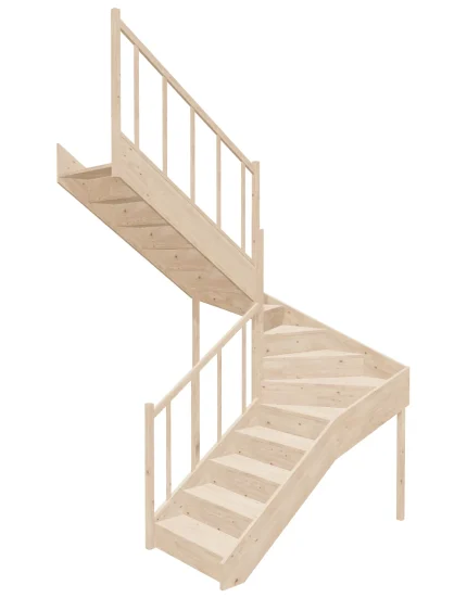 Left-turn wooden closed-risers stairs U-shape EQG 170R by Sowosz. For self-assembly. Includes balustrade.