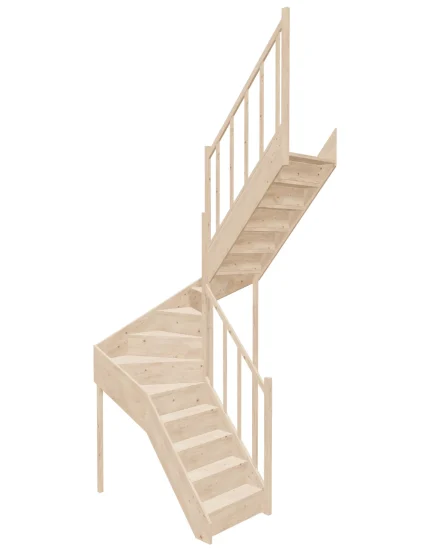 Right-turn wooden closed-risers stairs U-shape EQD 130R by Sowosz. For self-assembly. Includes balustrade.