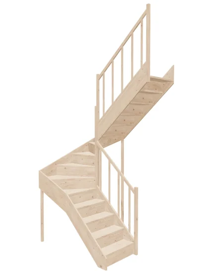 Right-turn wooden closed-risers stairs U-shape EQD 140R by Sowosz. For self-assembly. Includes balustrade.