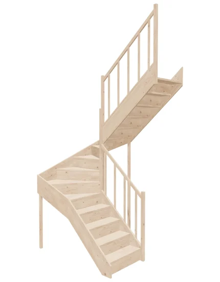 Right-turn wooden closed-risers stairs U-shape EQD 150R by Sowosz. For self-assembly. Includes balustrade.