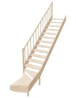 Drevené schody so spodným zalomením – ľavotočivé – otvorené EMQG 095R Sowosz – stavebnicové schody na mieru s balustrádou – montáž svojpomocne.