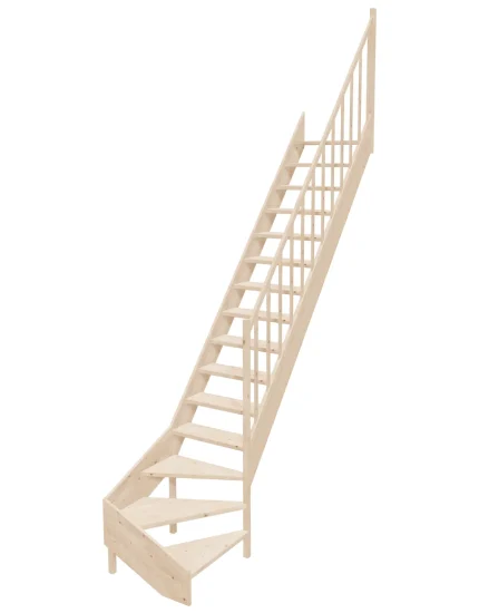 Drevené schody so spodným zalomením – pravotočivé – otvorené EMQD 065R Sowosz – stavebnicové schody na mieru s balustrádou – montáž svojpomocne