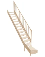 Drevené schody so spodným zalomením – pravotočivé – otvorené EMQD 070R Sowosz – stavebnicové schody na mieru s balustrádou – montáž svojpomocne