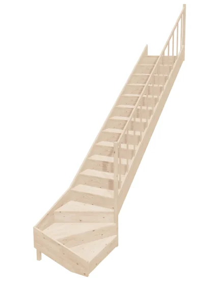 Drevené schody so spodným zalomením – pravotočivé – uzavreté EQD 085R Sowosz – stavebnicové schody na mieru s balustrádou – montáž svojpomocne.