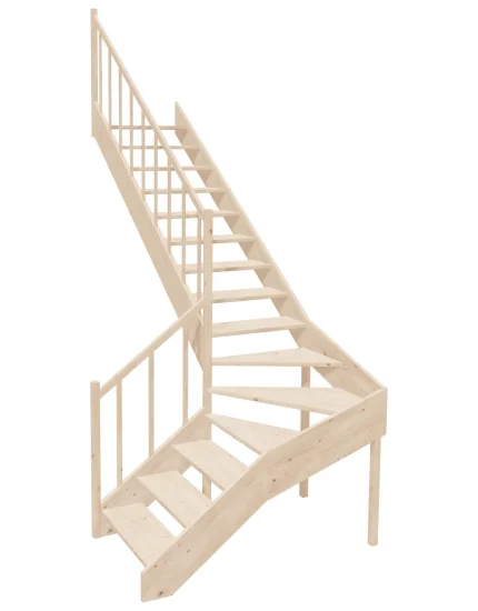 Drevené schody so zalomením do tvaru L – ľavotočivé – otvorené EMQGL 085R Sowosz – stavebnicové schody na mieru s balustrádou – montáž svojpomocne.