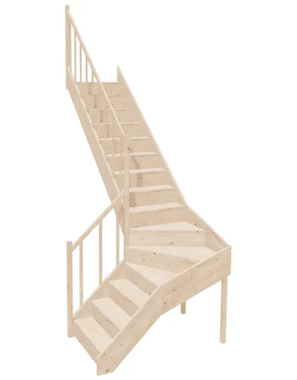 Drevené schody so zalomením do tvaru L – ľavotočivé – uzavreté EQGL 080R Sowosz – stavebnicové schody na mieru s balustrádou – montáž svojpomocne.