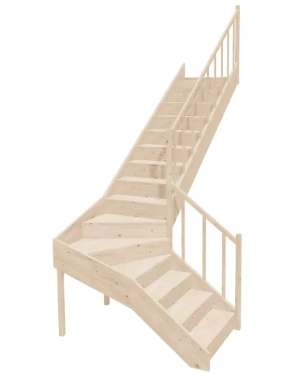 Drevené schody so zalomením do tvaru L – pravotočivé – uzavreté EQDL 090R Sowosz – stavebnicové schody na mieru s balustrádou – montáž svojpomocne.