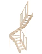 Drevené schody so zalomením do tvaru U – pravotočivé – otvorené EMQD 130R Sowosz – stavebnicové schody na mieru s balustrádou – montáž svojpomocne.