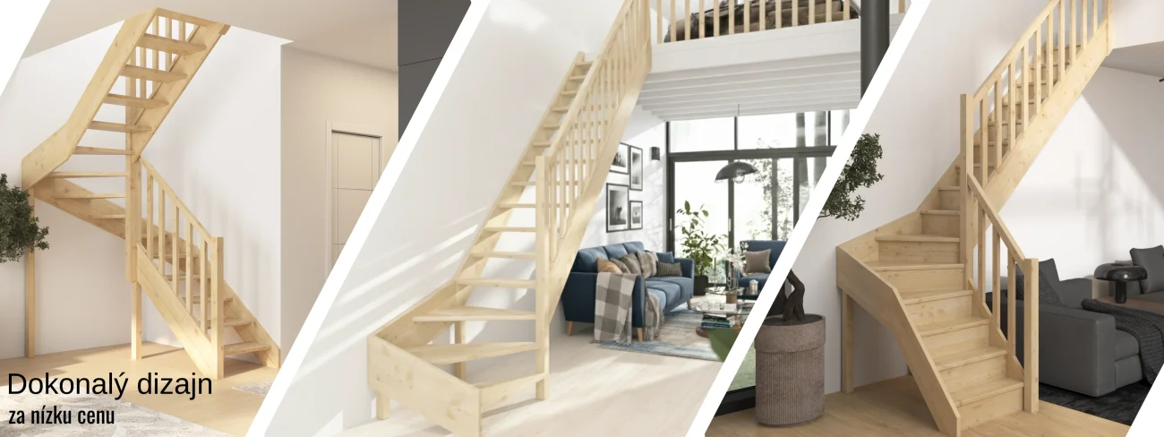 Drevené točité schody SOWOSZ zo svetlého smrekového dreva, moderná konštrukcia so zmenou smeru, schody do obývačky s galériou, cenovo dostupné schody do rodinného domu