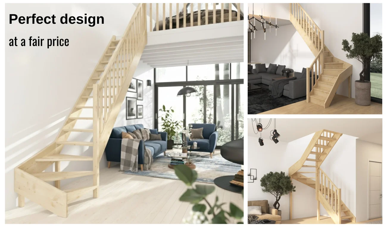 Wooden winder staircase SOWOSZ made of light wood, compact turning staircase for small interiors, modern design at an affordable price